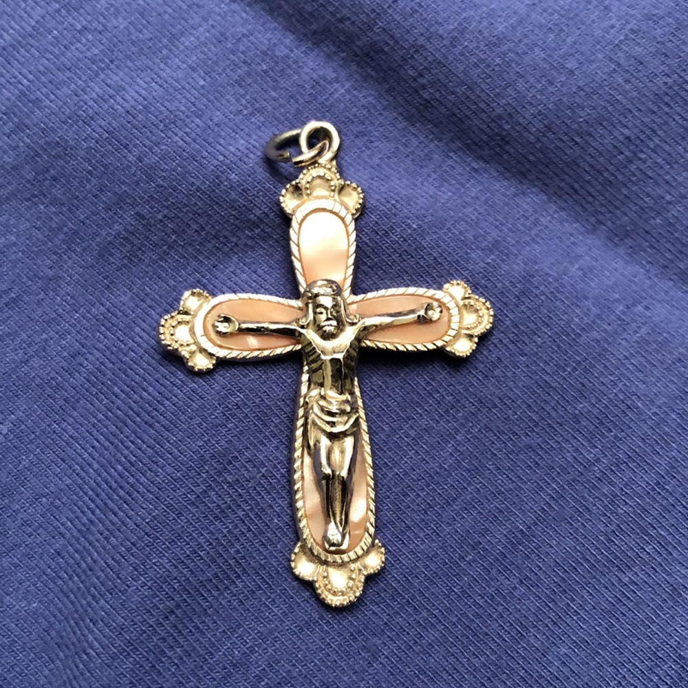 Vintage Cross Pendant 1950’s Pink Inlay/Gold Tone Metal First Communion - #439